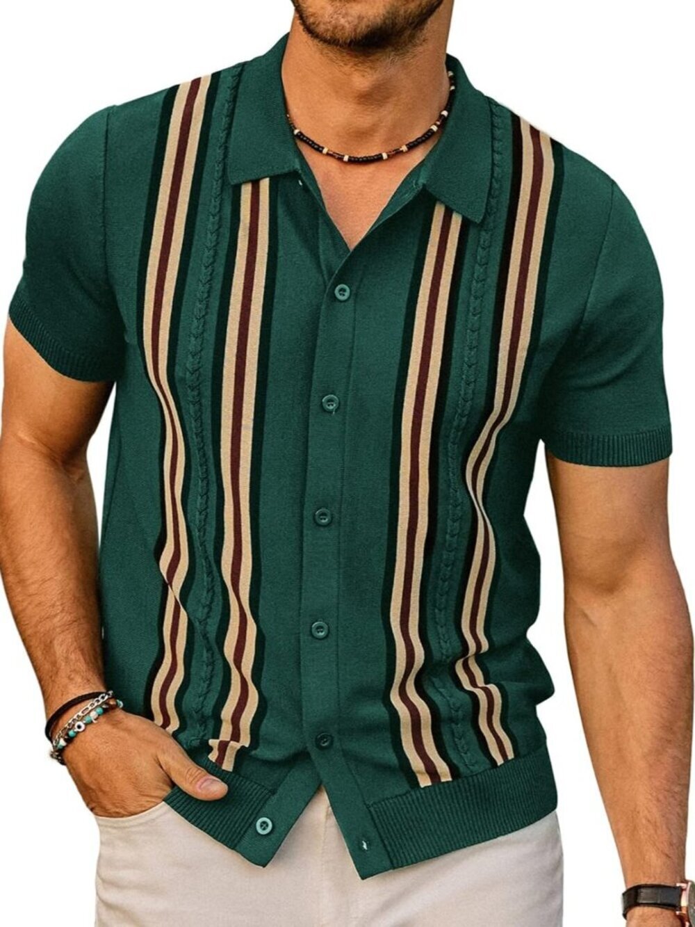 Men's Dark Green Vintage Striped Knit Button-Down Beach Short Sleeve Shirt